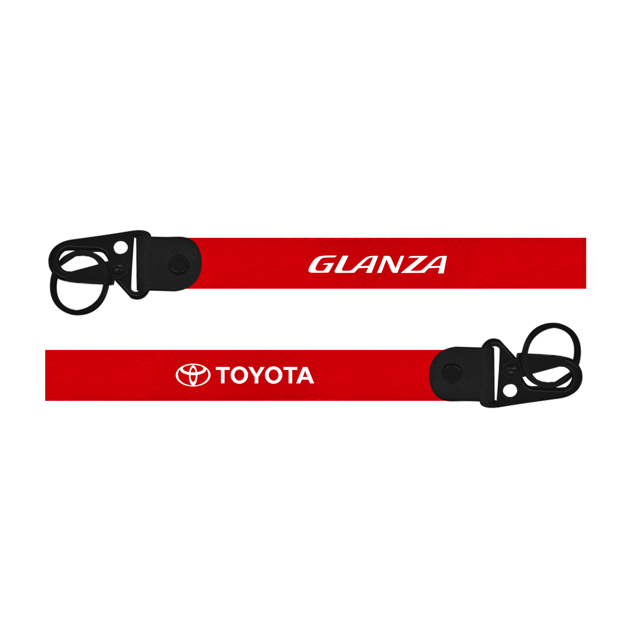 Red lanyard with 'Glanza' and 'Toyota' logos on a white background