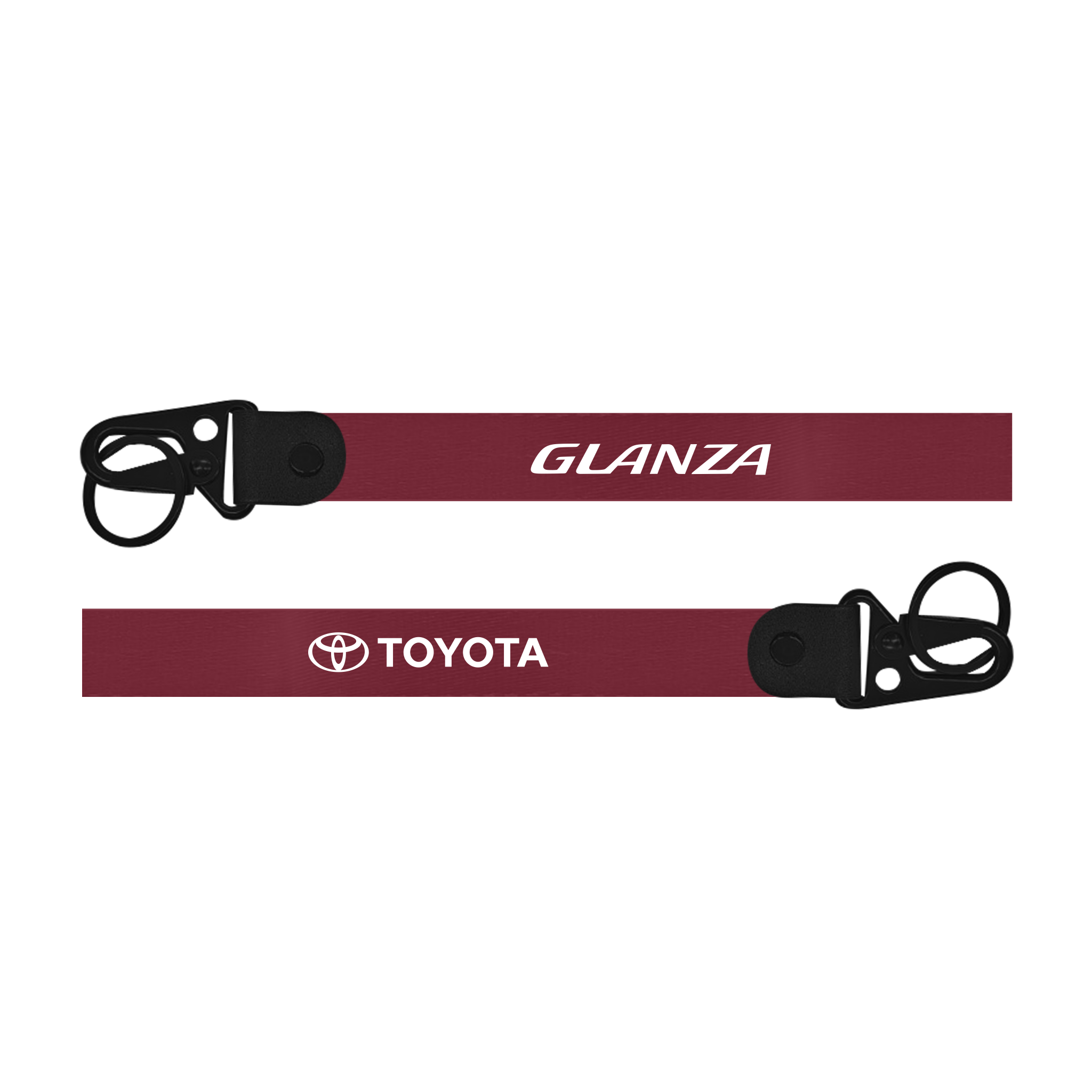Two red straps with 'Glanza' and 'Toyota' logos on a white background