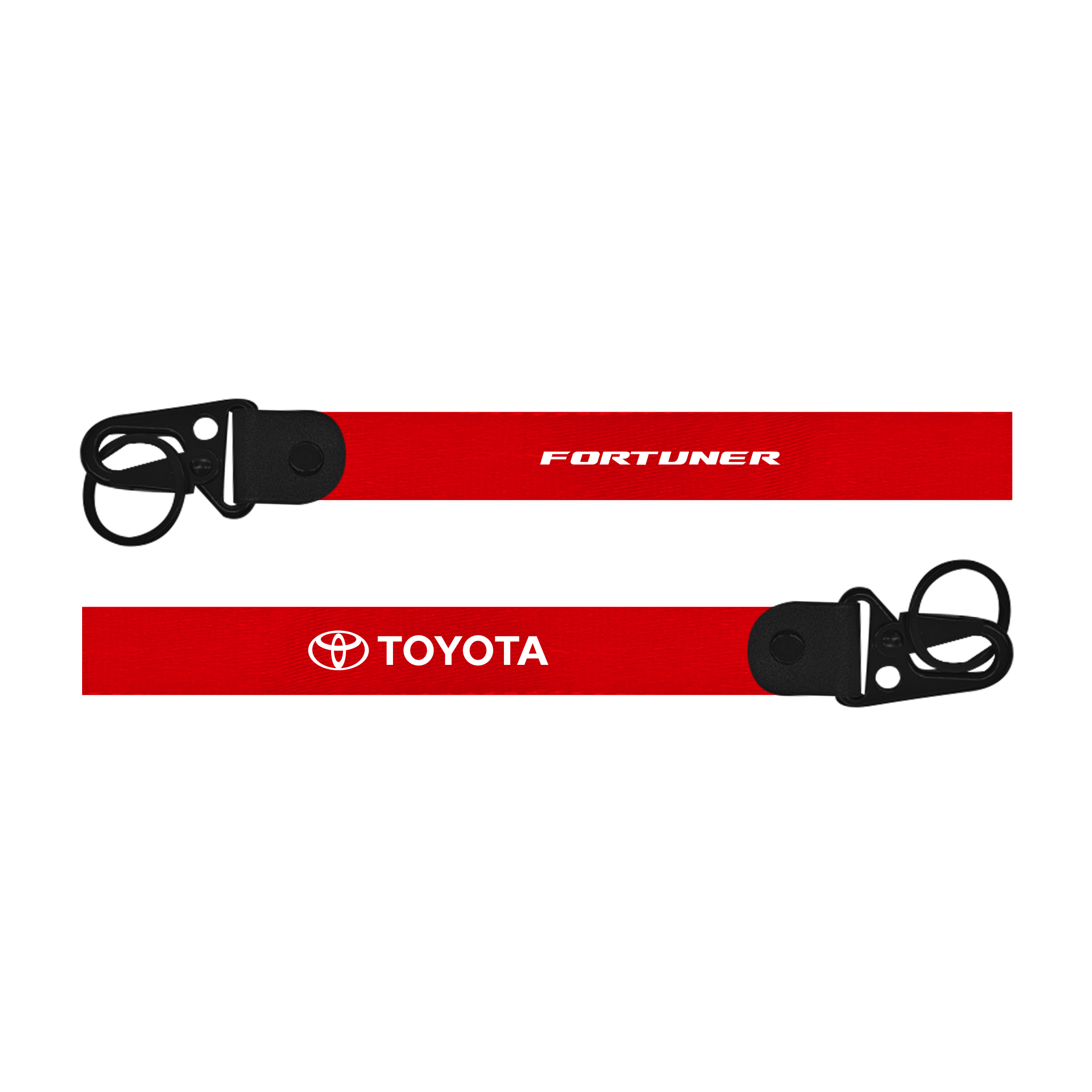Red lanyard with Toyota and Fortuner branding on a white background