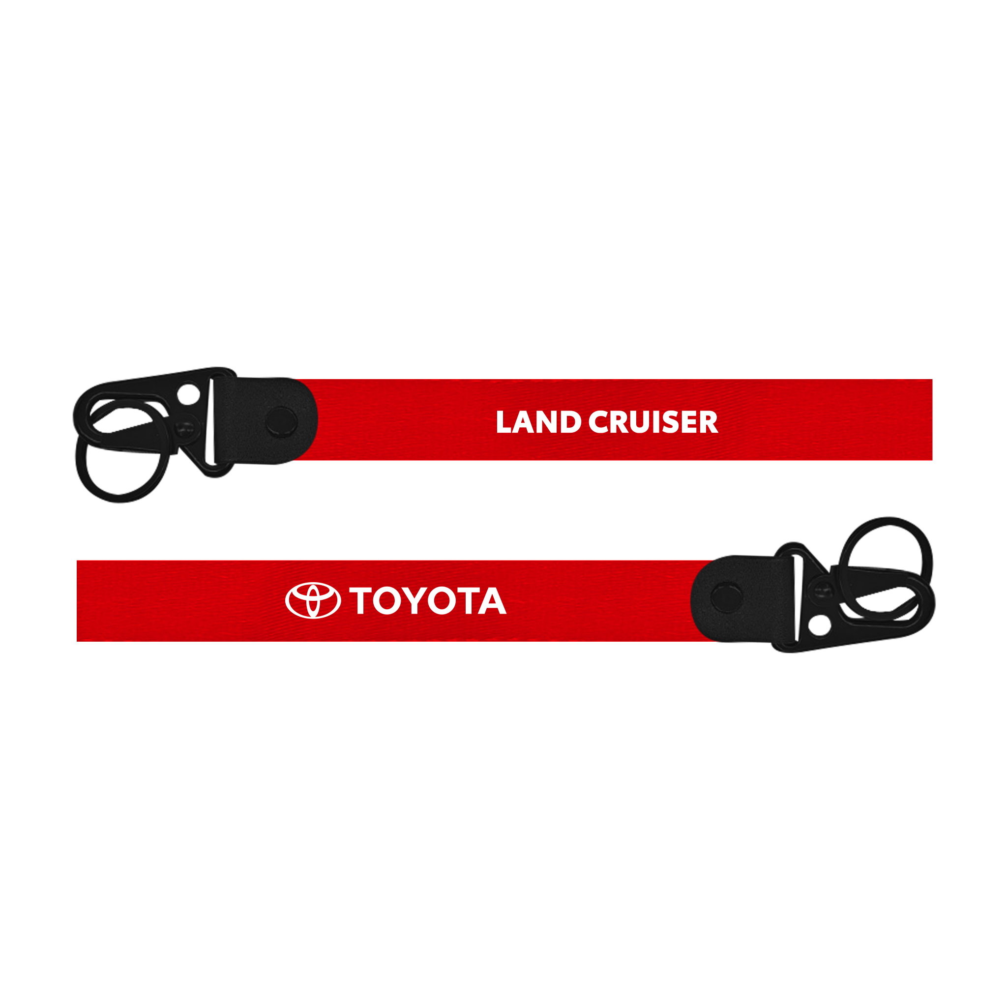Red lanyard with 'Land Cruiser' and 'Toyota' branding on a white background