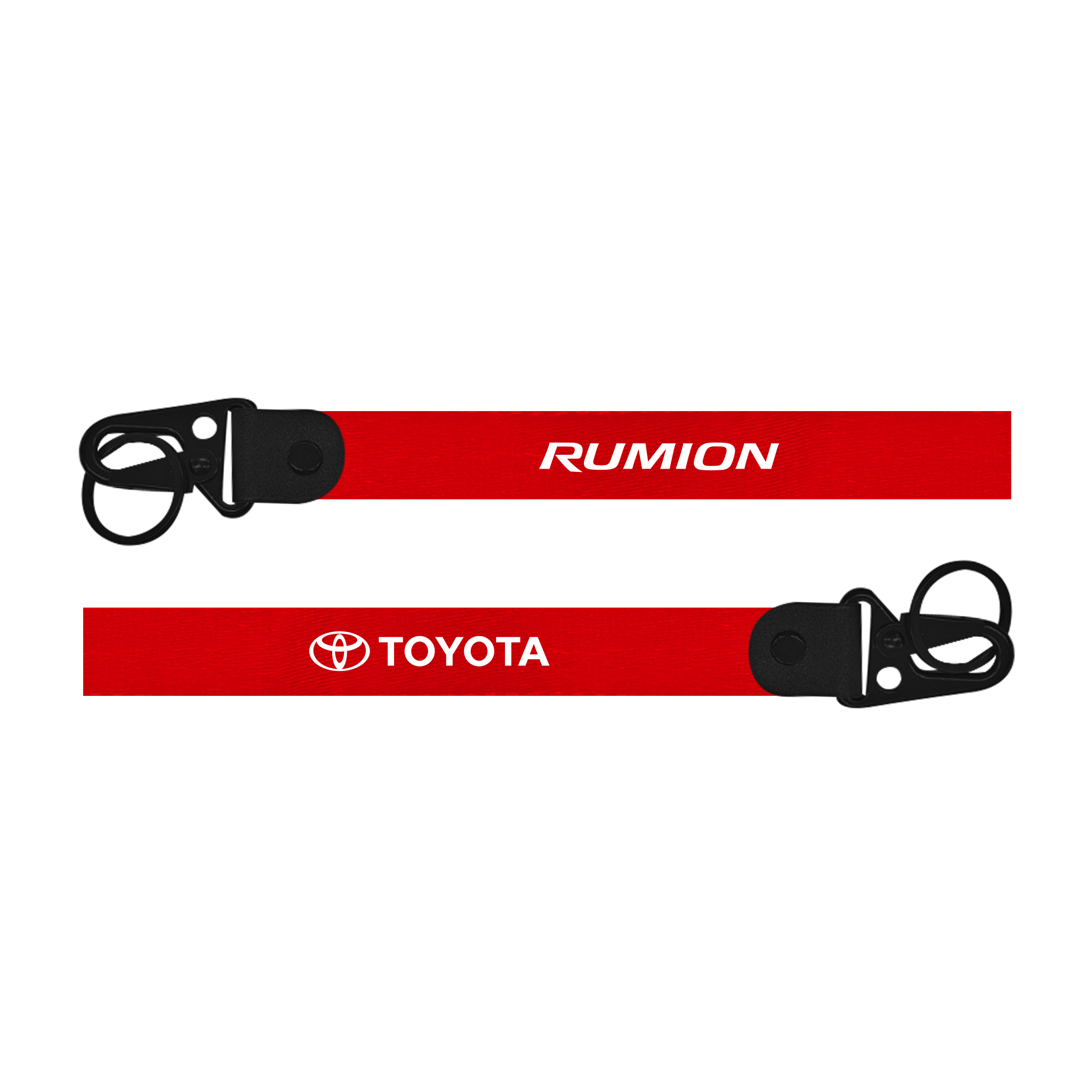 Red lanyard with 'Rumion' and 'Toyota' logos on a white background