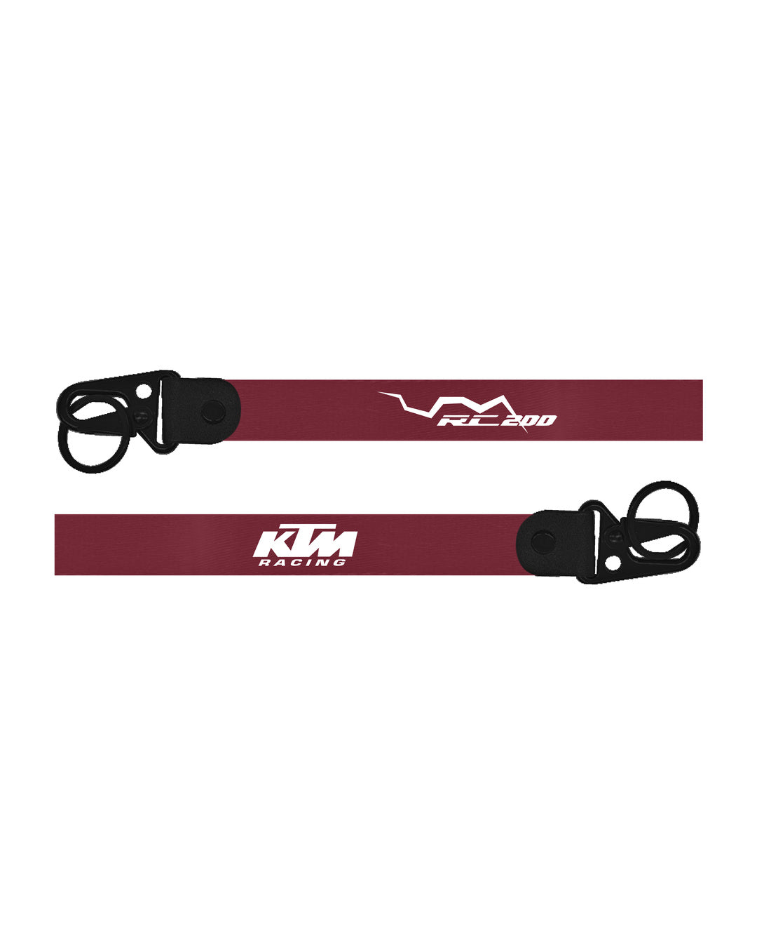 Two KTM Racing straps with black buckles on a white background