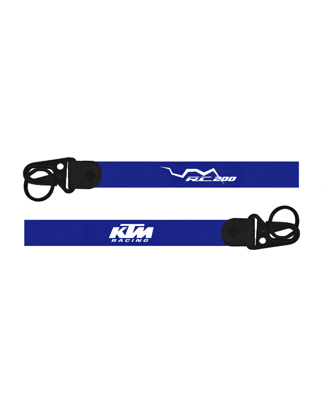 Two blue lanyards with black clips featuring KTM Racing logos on a white background.