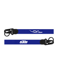 Two blue lanyards with black clips featuring KTM Racing logos on a white background.