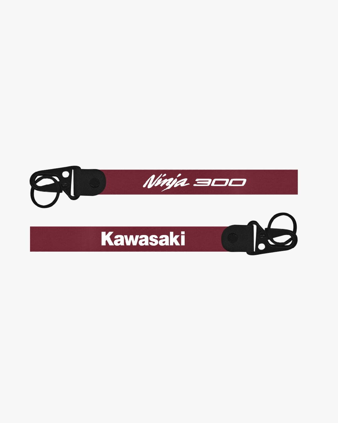 Two motorcycle seatbelts with 'Ninja 300' and 'Kawasaki' branding on a white background.