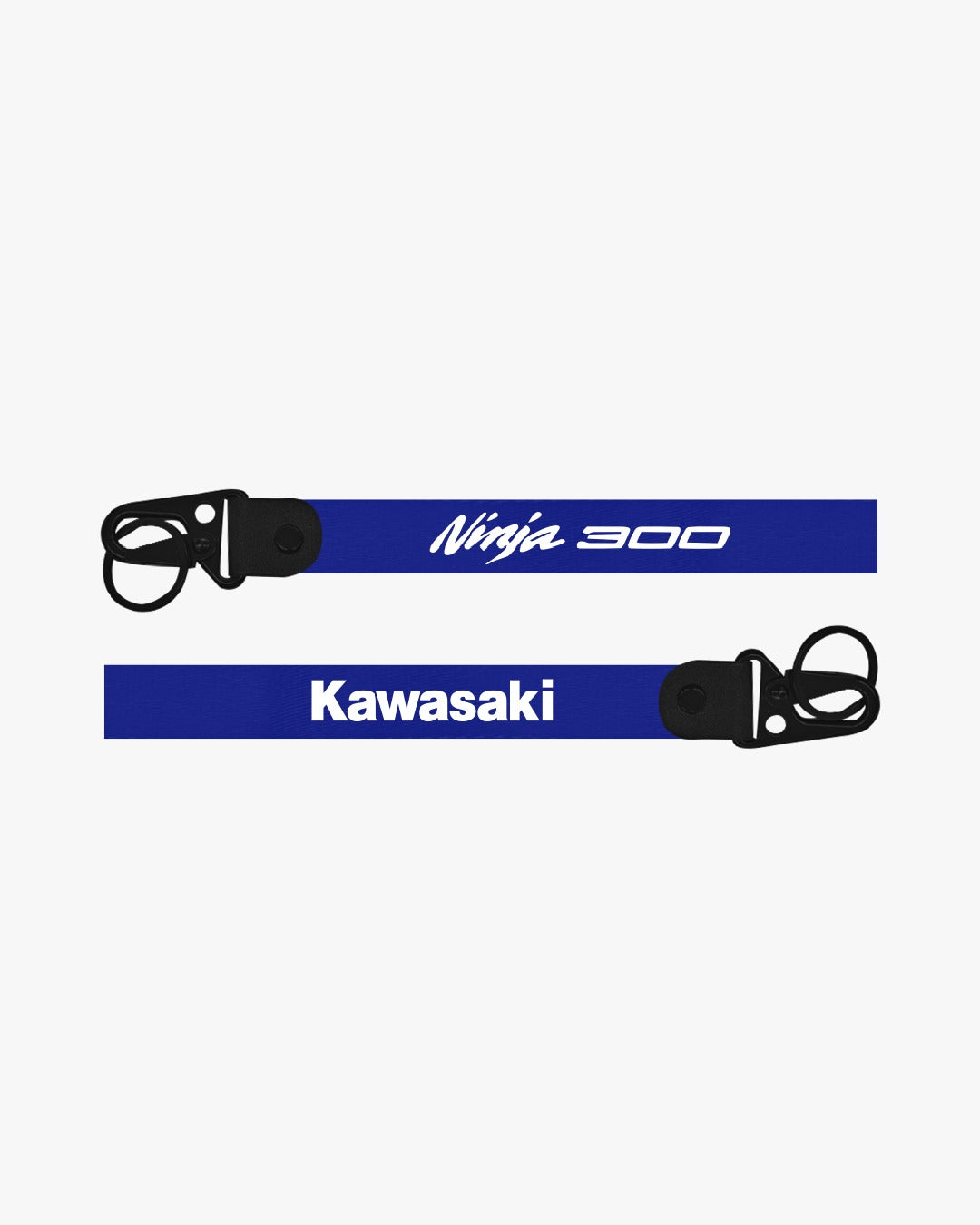 Two blue lanyards with 'Ninja 300' and 'Kawasaki' branding on a white background.
