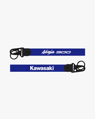 Two blue lanyards with 'Ninja 300' and 'Kawasaki' branding on a white background.