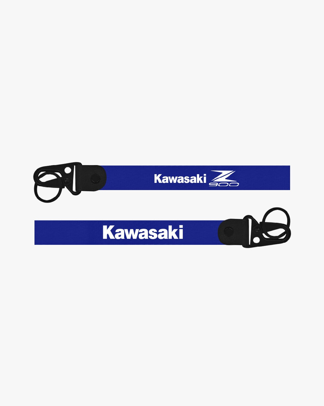 Two blue lanyards with Kawasaki branding on a white background