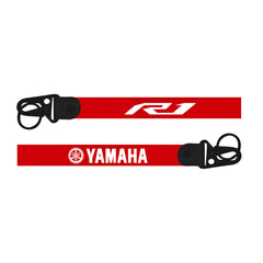 Red Yamaha R1 Bike Keychain Yamaha lanyard with black attachments on a white background