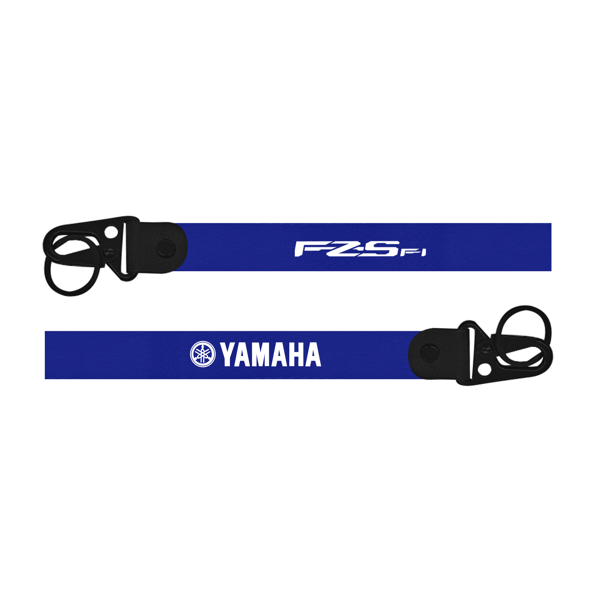 Blue lanyard with 'FZS FI' and 'Yamaha' branding on a white background Yamaha FZ-S FI custom fabric bike keychain lanyard strap