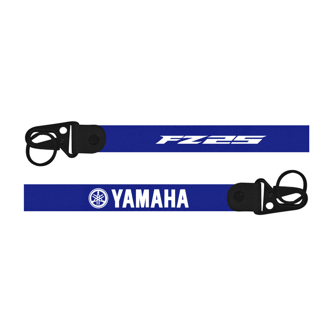 Two blue straps with 'Yamaha' and 'FZ-09' branding on a white background