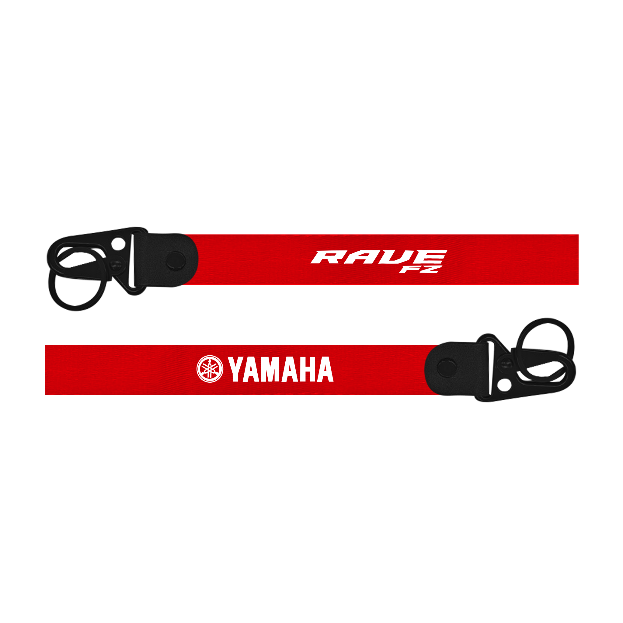 Red lanyard Yamaha Rave FZ custom fabric bike keychain lanyard strap with 'RAVE F2' and 'Yamaha' logos on a white background