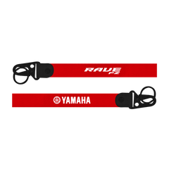 Red lanyard Yamaha Rave FZ custom fabric bike keychain lanyard strap with 'RAVE F2' and 'Yamaha' logos on a white background