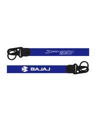 Two blue straps with black buckles featuring 'Bajaj' and 'Benin' logos on a white background.