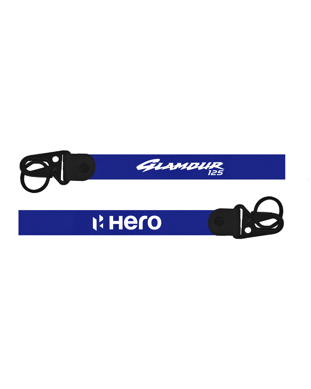 Two blue lanyards with black hooks on a white background, featuring 'Glamour' and 'Hero' branding.