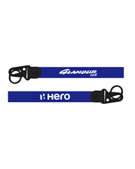 Two blue lanyards with black hooks on a white background, featuring 'Glamour' and 'Hero' branding.