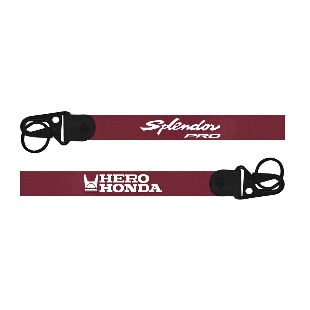 hero splendor pro keychain maroon Two red lanyards with black ends featuring 'Splendor Pro' and 'Hero Honda' logos on a white background.