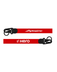 Two red lanyards with black clips on a white background, featuring 'Impulse' and 'Hero' branding.