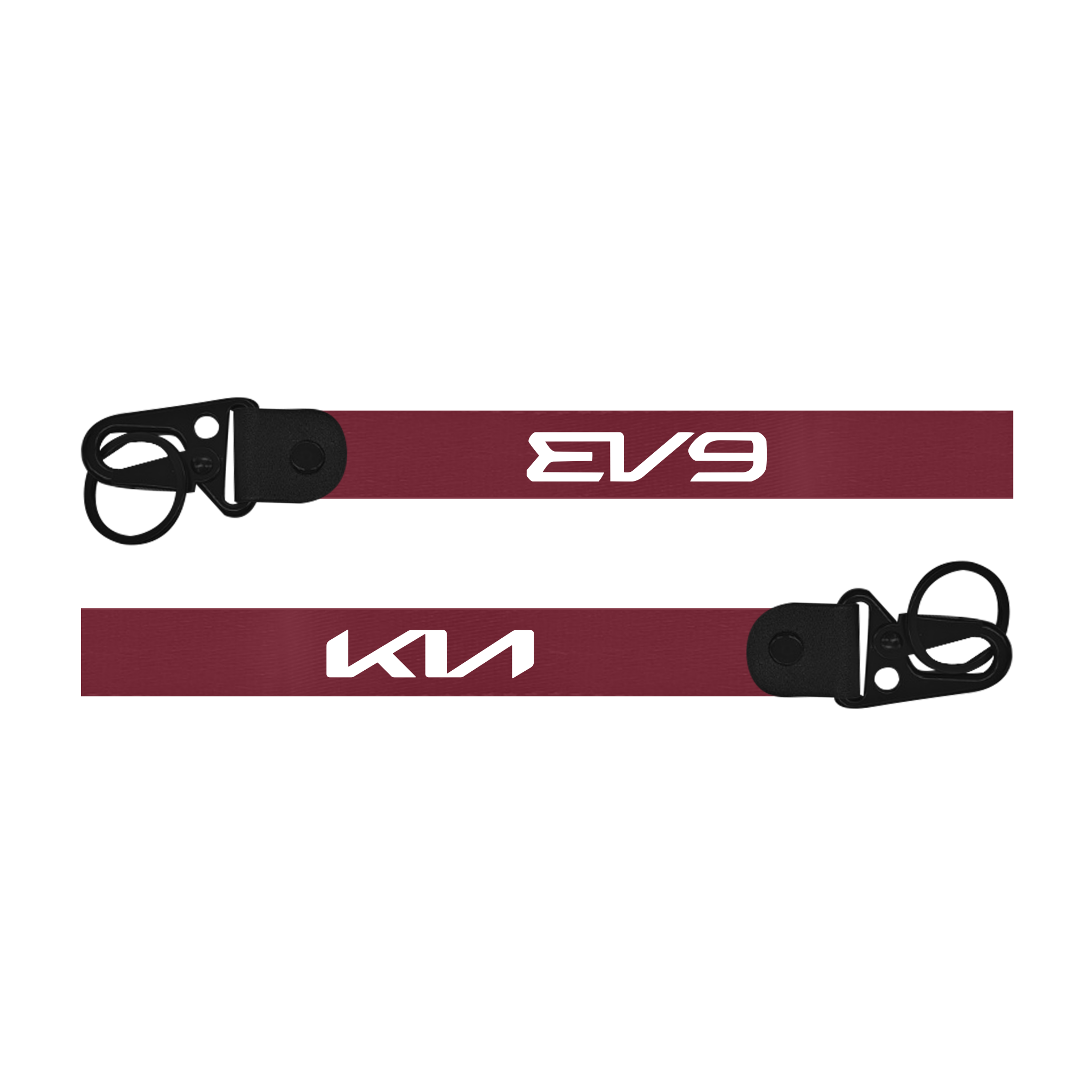 Two red lanyards with 'EV9' and 'Kia' branding on a white background