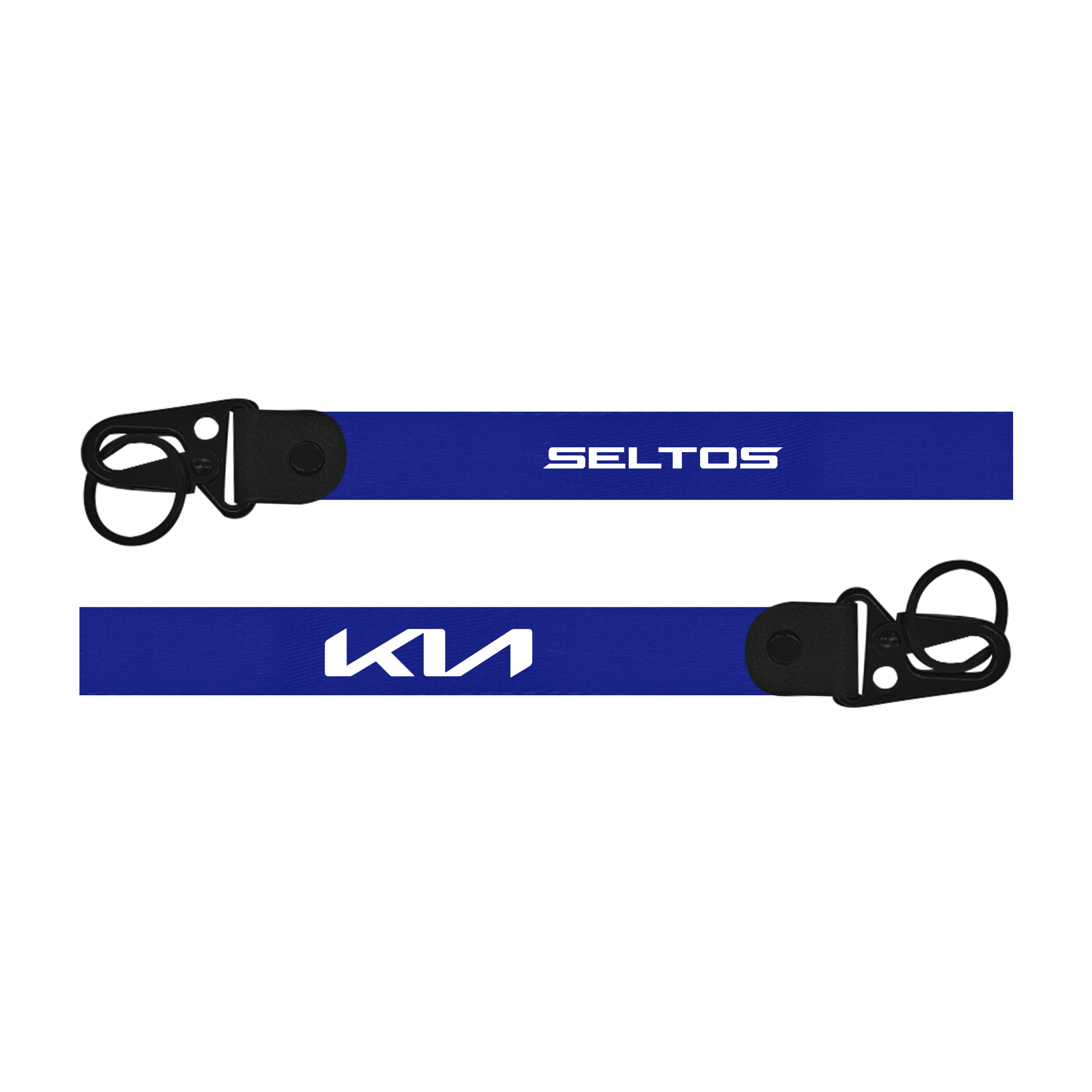 Two blue lanyards with 'Seltos' and 'Kia' branding on a white background