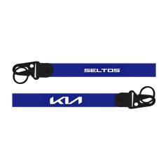Two blue lanyards with 'Seltos' and 'Kia' branding on a white background