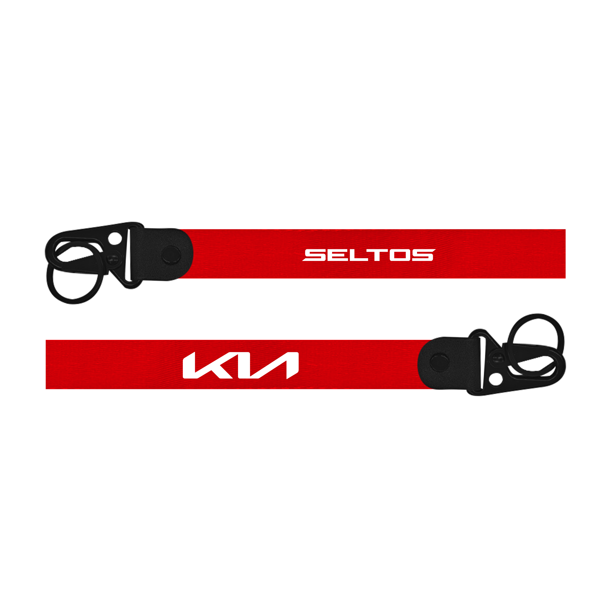 Red lanyards with 'Seltos' and 'Kia' logos on a white background