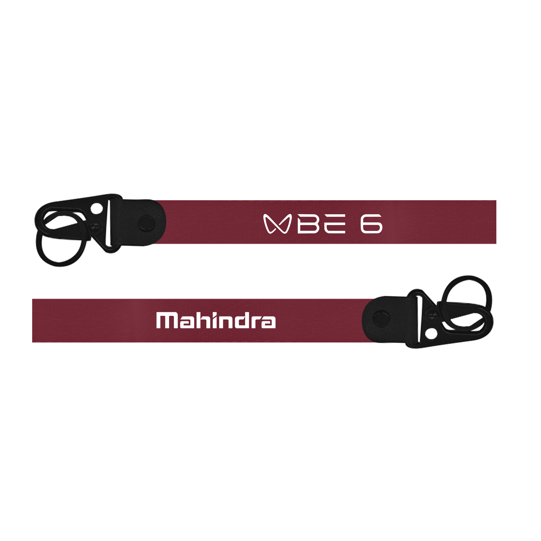 Two red lanyards with black attachments on a white background, featuring 'BE 6' and 'Mahindra' text.