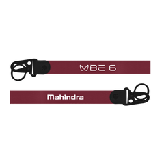 Two red lanyards with black attachments on a white background, featuring 'BE 6' and 'Mahindra' text.