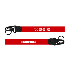 Red lanyard with 'Mahindra' and ' BE 6' branding on a white background