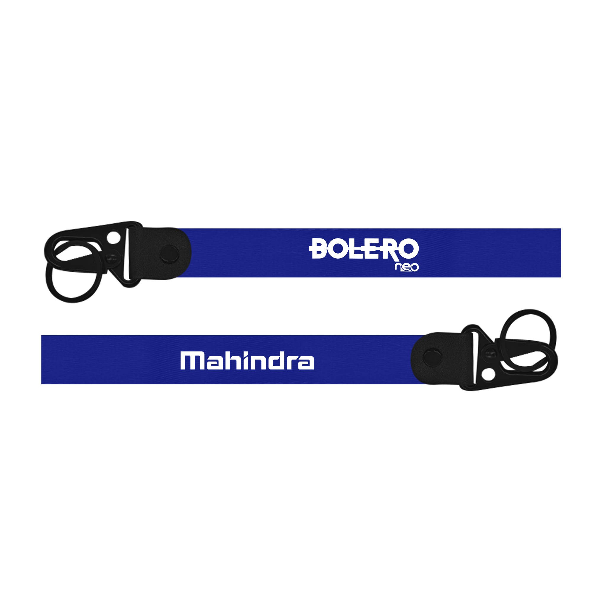 Two blue lanyards with 'Bolero neo' and 'Mahindra' branding on a white background.