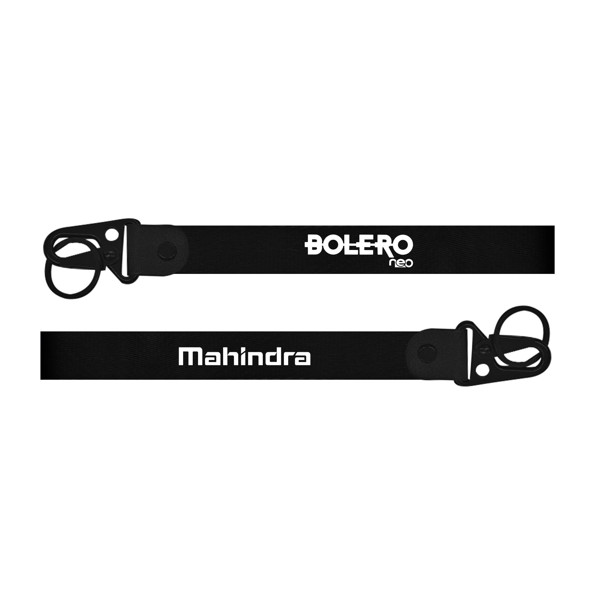 Two black straps with 'Bolero neo' and 'Mahindra' branding on a white background
