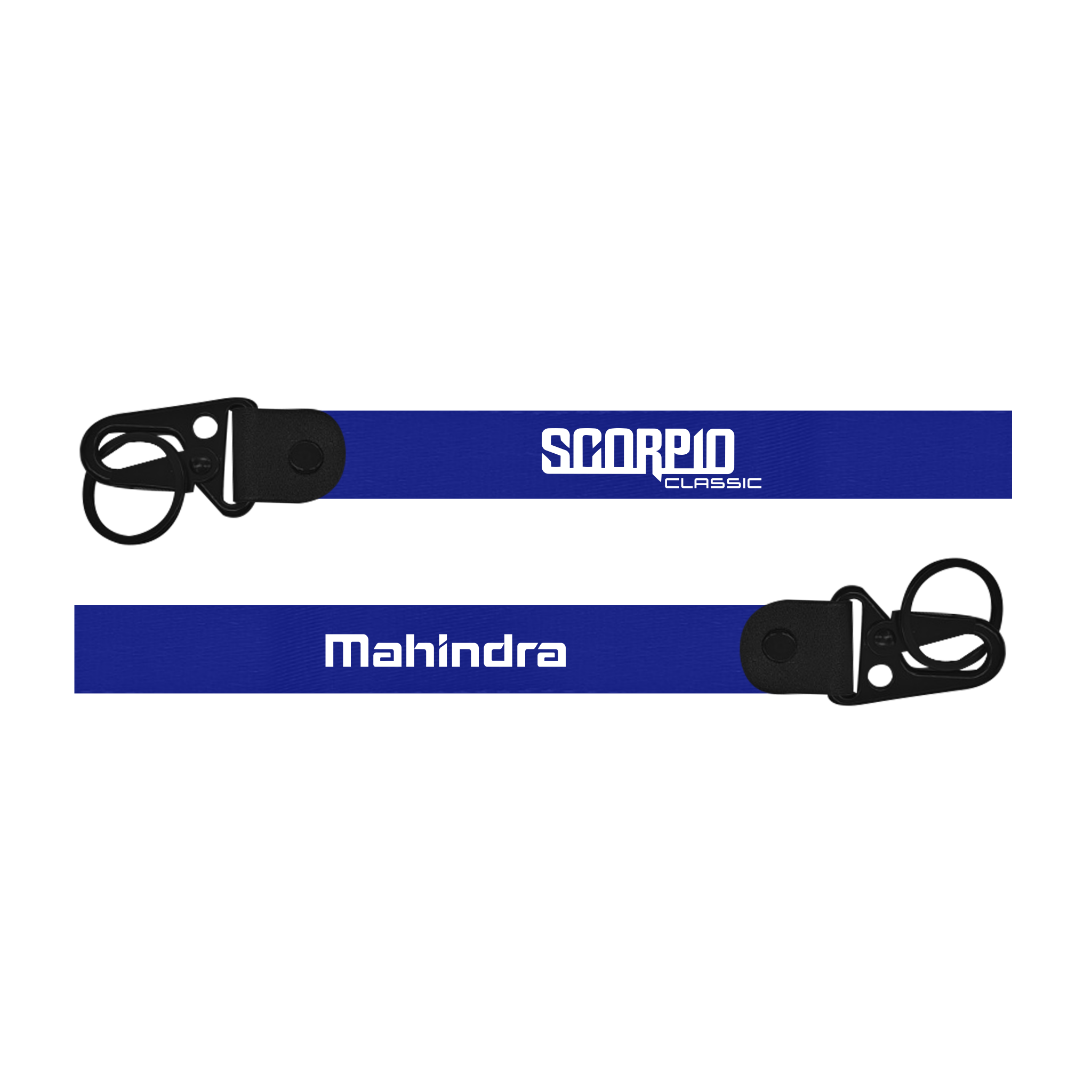 Two blue lanyards with 'Scorpio Classic' and 'Mahindra' branding on a white background.