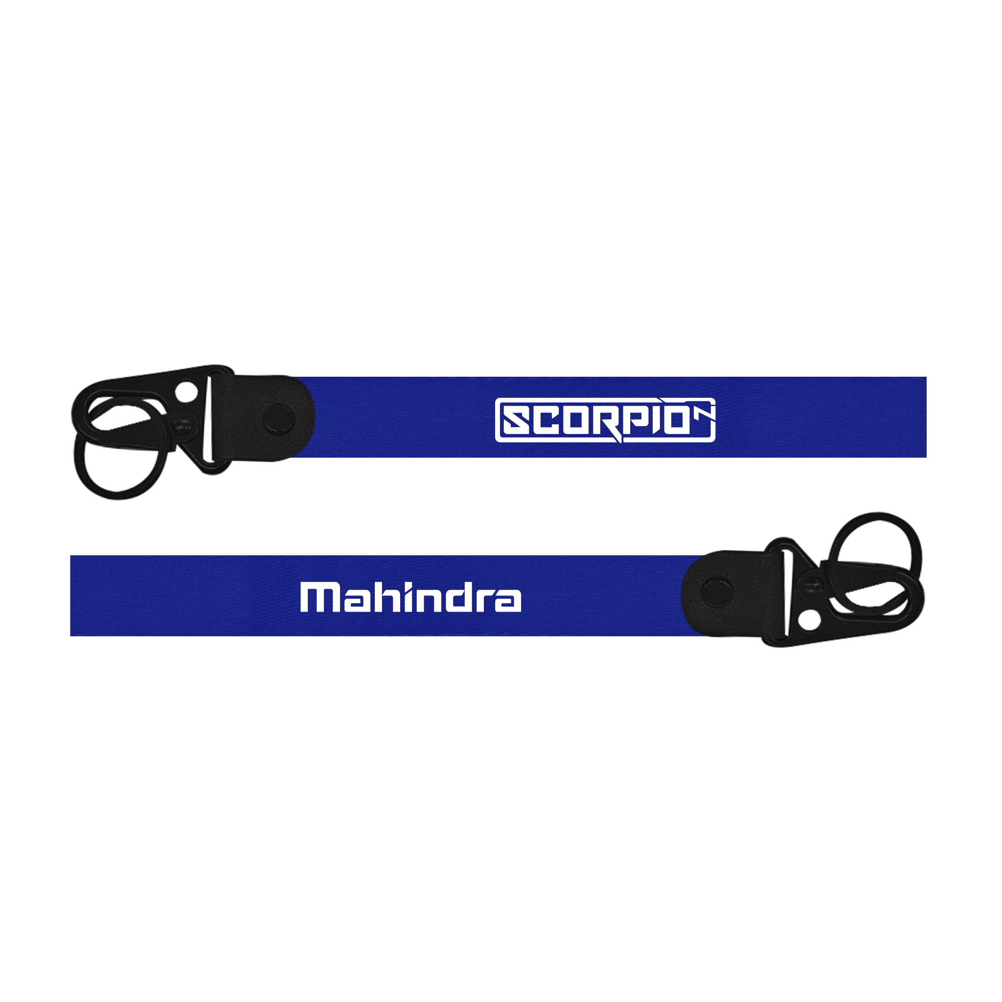Two blue lanyards with 'Scorpio' and 'Mahindra' branding on a white background
