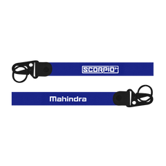 Two blue lanyards with 'Scorpio' and 'Mahindra' branding on a white background