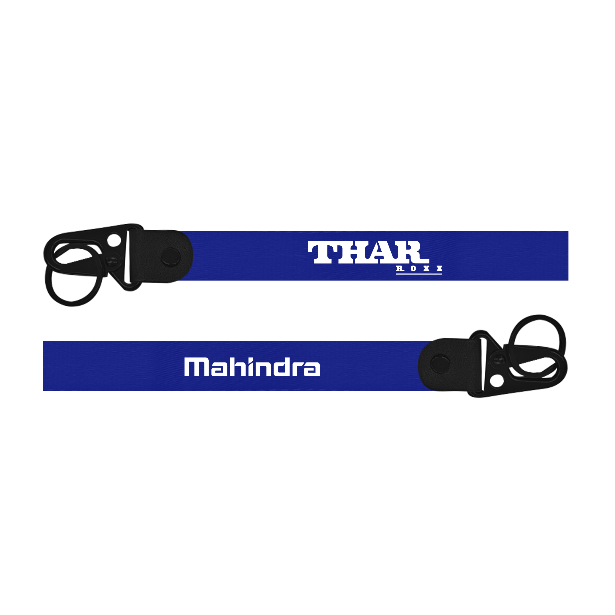 Two blue lanyards with 'THAR' and 'Mahindra' branding on a white background