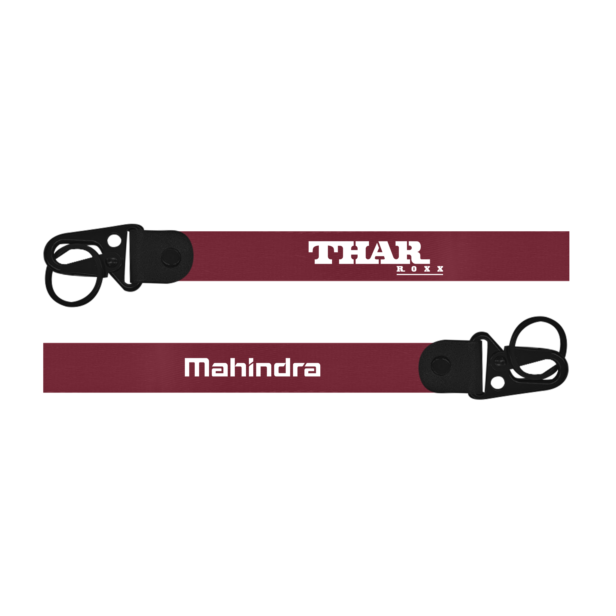 Maroon lanyard with 'THAR' and 'Mahindra' branding on a white background