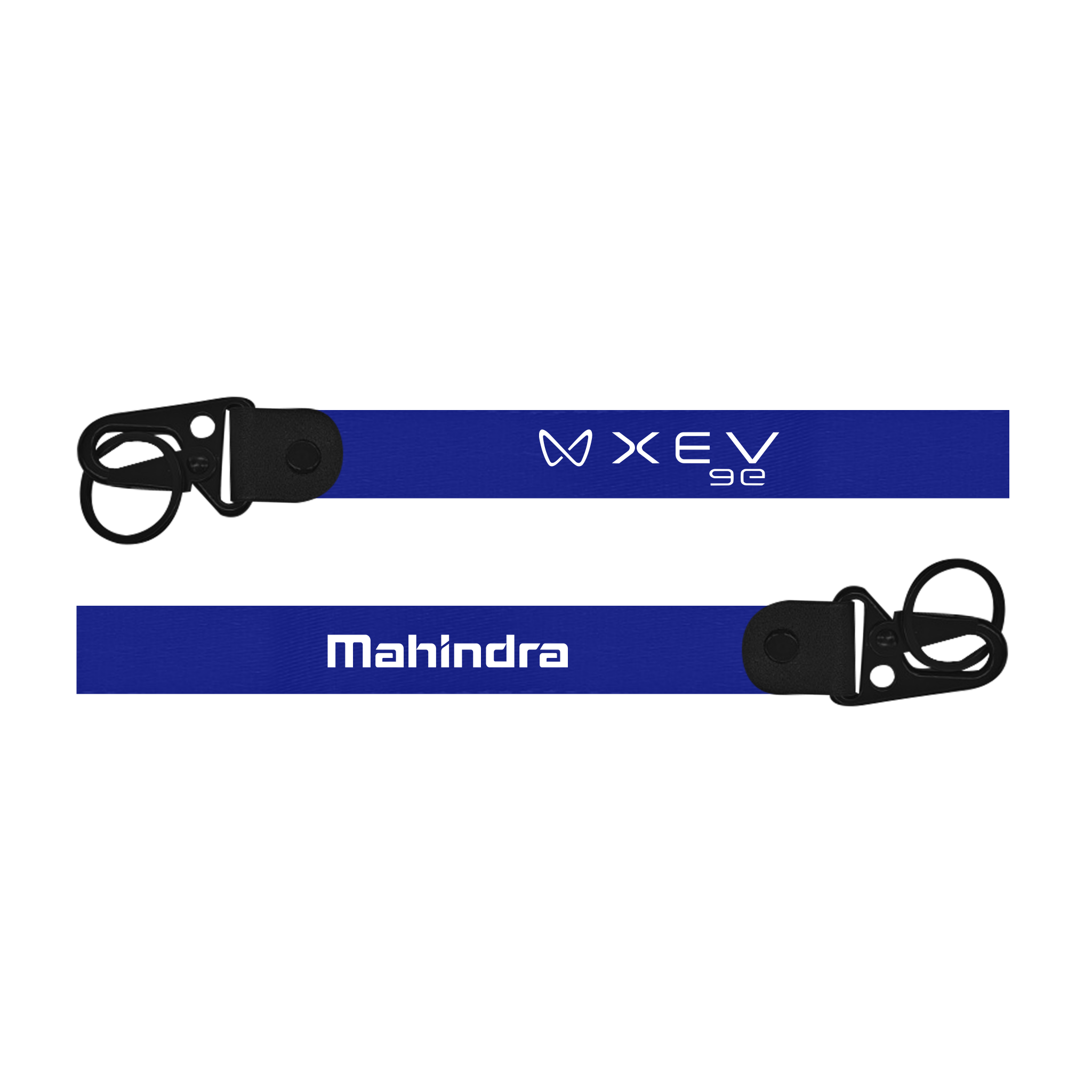 Two blue lanyards with 'XEV' and 'Mahindra' branding on a white background