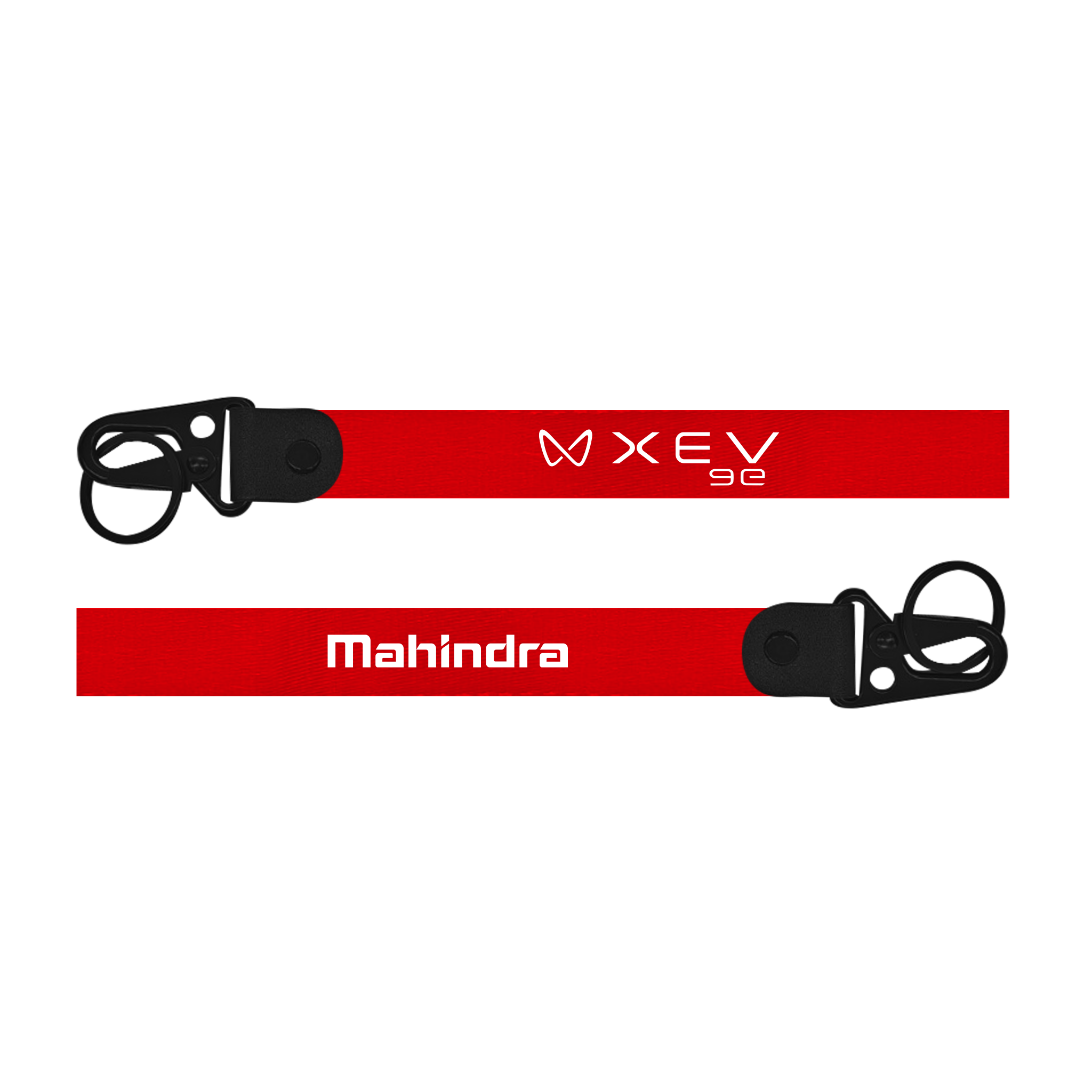 Red lanyard with 'XEV' and 'Mahindra' branding on a white background