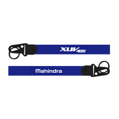 Two blue lanyards with 'XUV400' and 'Mahindra' branding on a white background