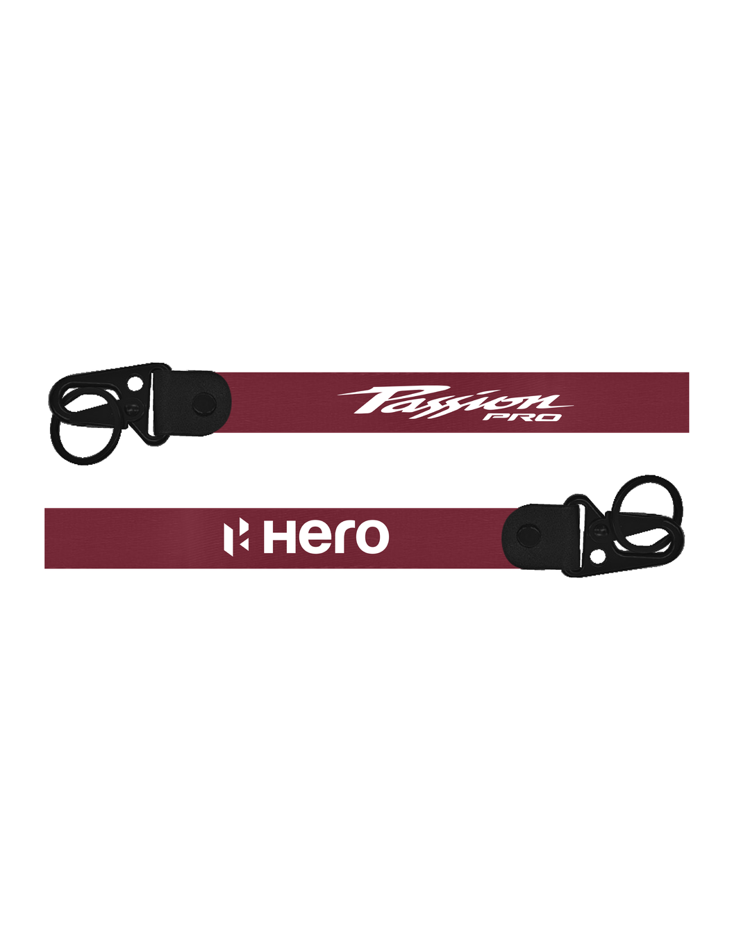 Two red lanyards with black clips and white text on a white background
