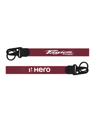 Two red lanyards with black clips and white text on a white background