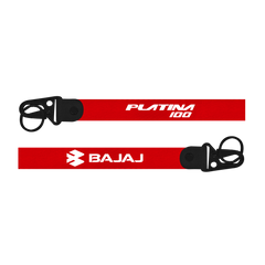 Red lanyard with 'Bajaj' and 'Platina 100' branding on a white background