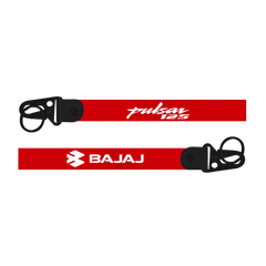 Red lanyard with 'Pulsar 125' and 'Bajaj' branding on a white background
