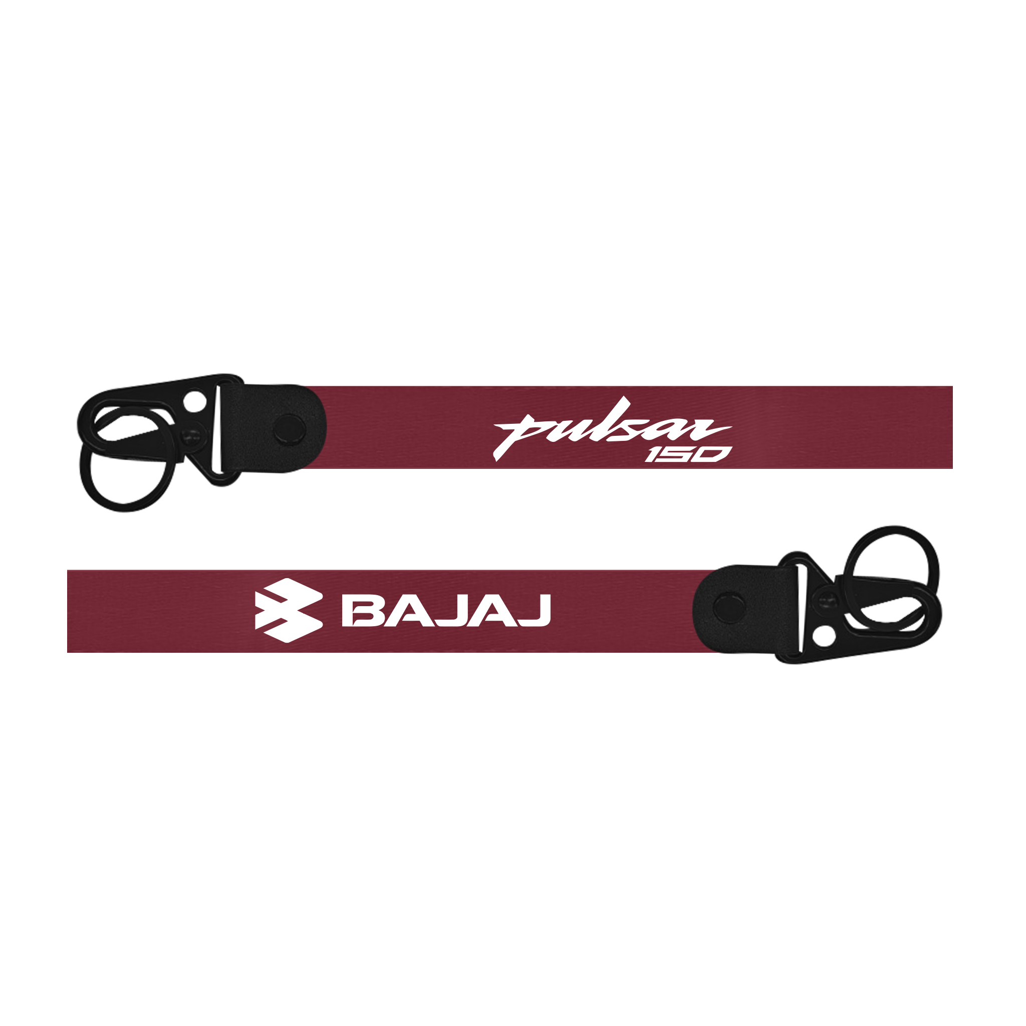 Maroon helmet strap with 'Pulsar 150' and 'Bajaj' branding on a white background