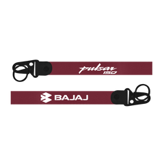 Maroon helmet strap with 'Pulsar 150' and 'Bajaj' branding on a white background