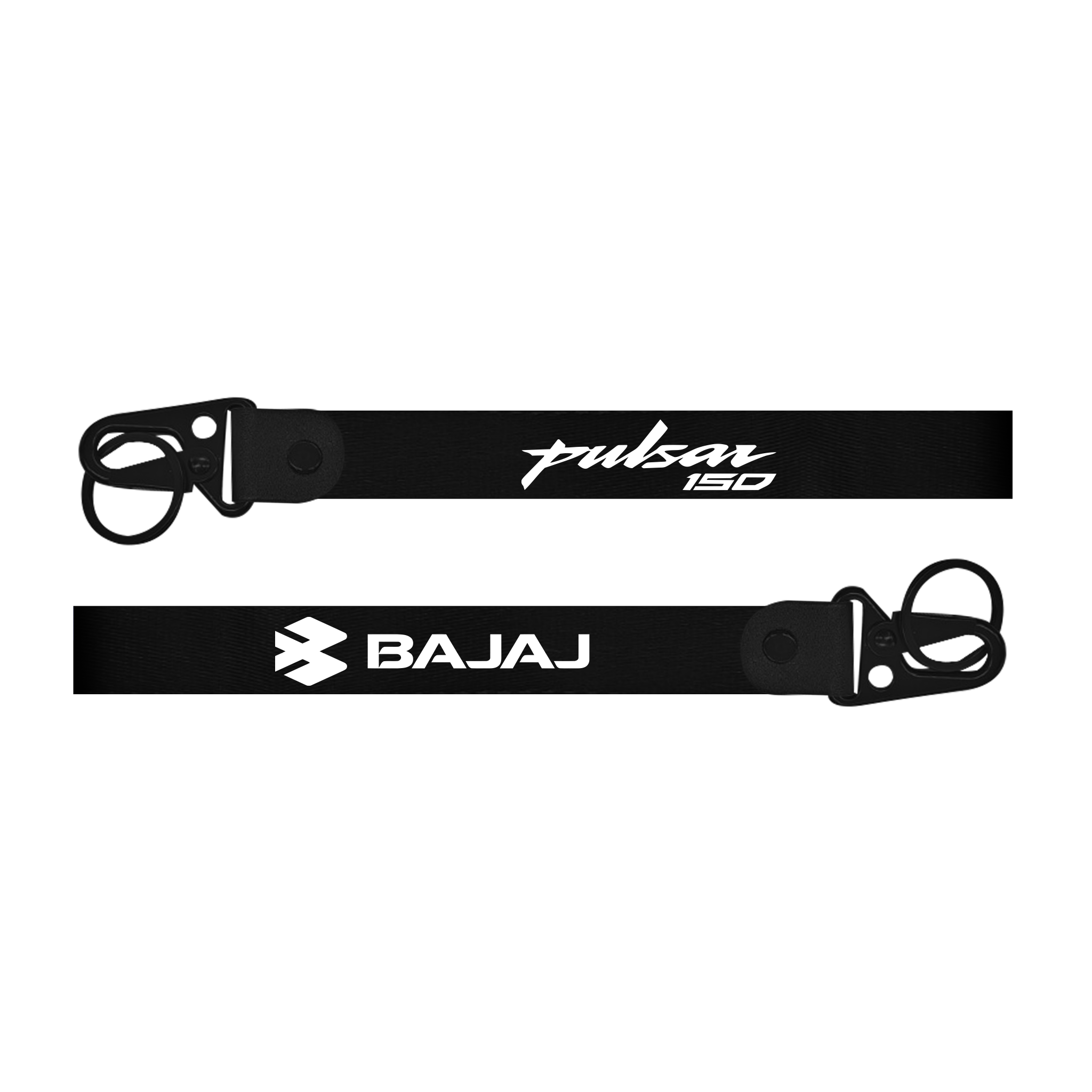 Two black lanyards with 'Pulsar 150' and 'Bajaj' branding on a white background