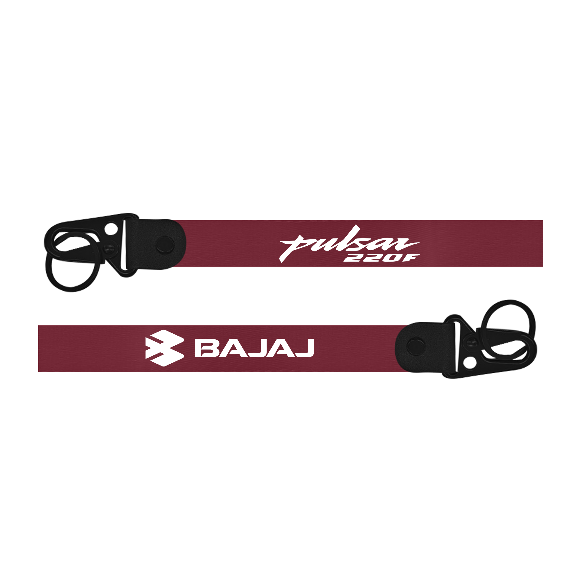 Maroon helmet strap with 'Pulsar 220F' and 'Bajaj' branding on a white background