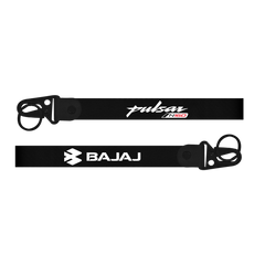 Two black keychains with 'Pulsar' and 'Bajaj' logos on a white background