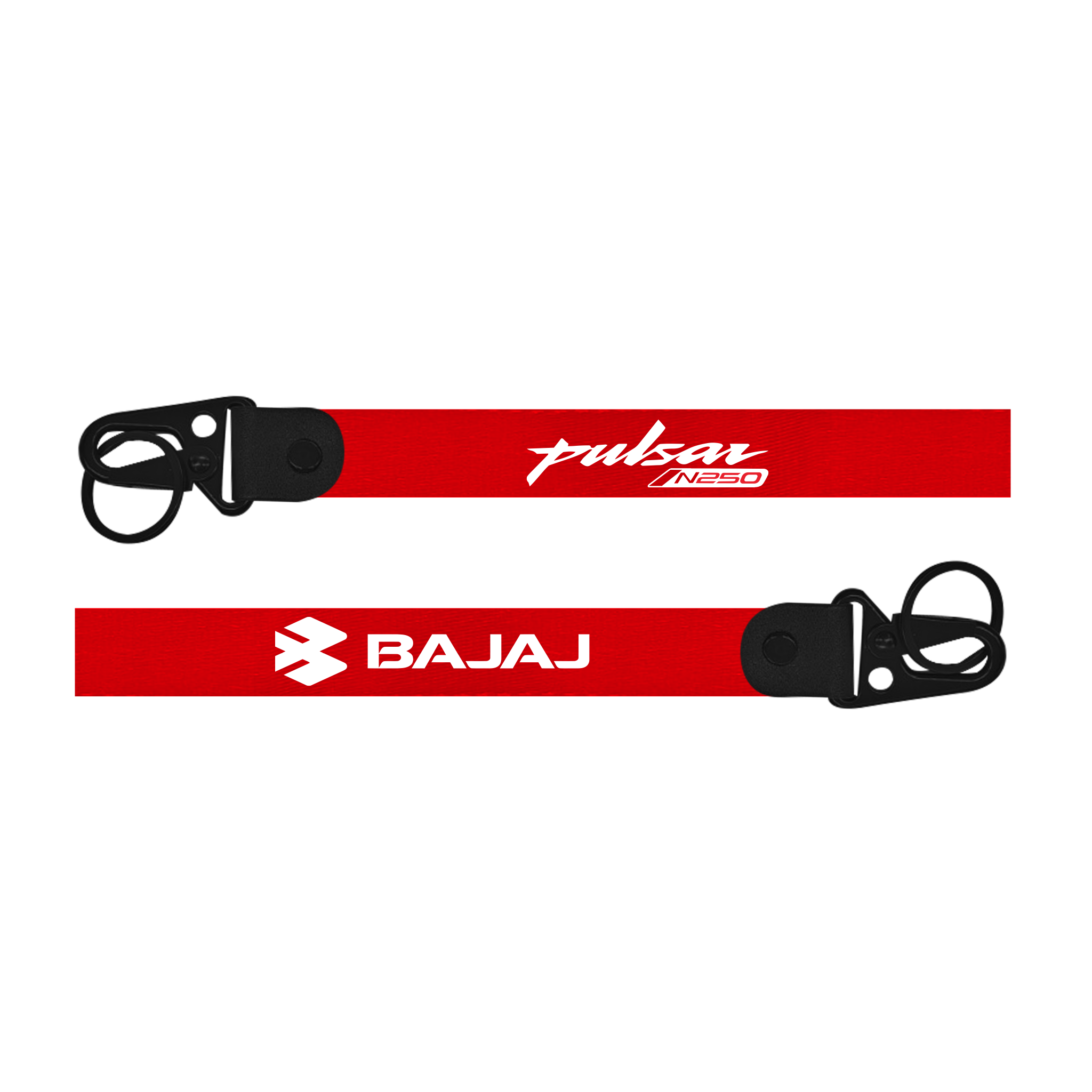 Two red lanyards with 'Pulsar' and 'Bajaj' logos on a white background