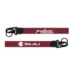Maroon lanyard with 'Pulsar NS200' and 'Bajaj' branding on a white background
